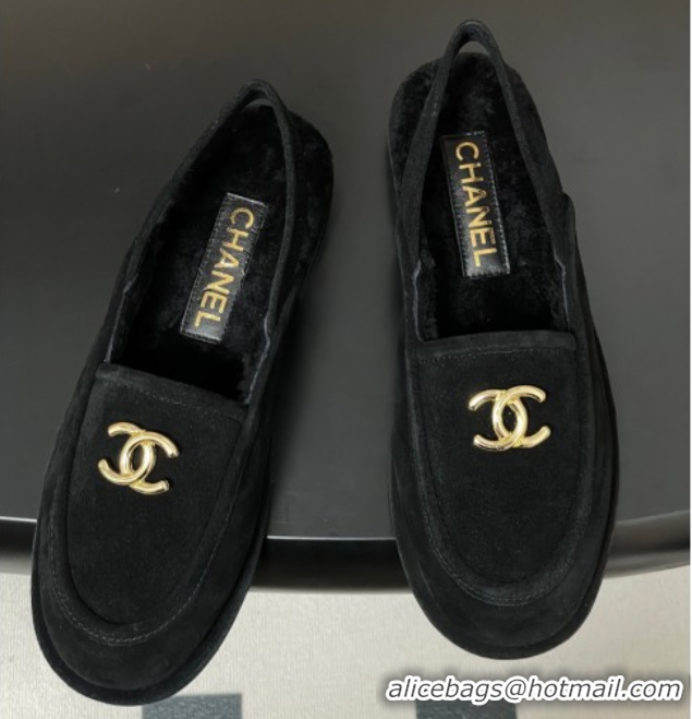Popular Style Chanel Suede & Shearling Lining Slingback Flat Loafers Black 2025 CH090107 0901082