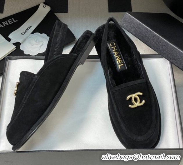 Popular Style Chanel Suede & Shearling Lining Slingback Flat Loafers Black 2025 CH090107 0901082