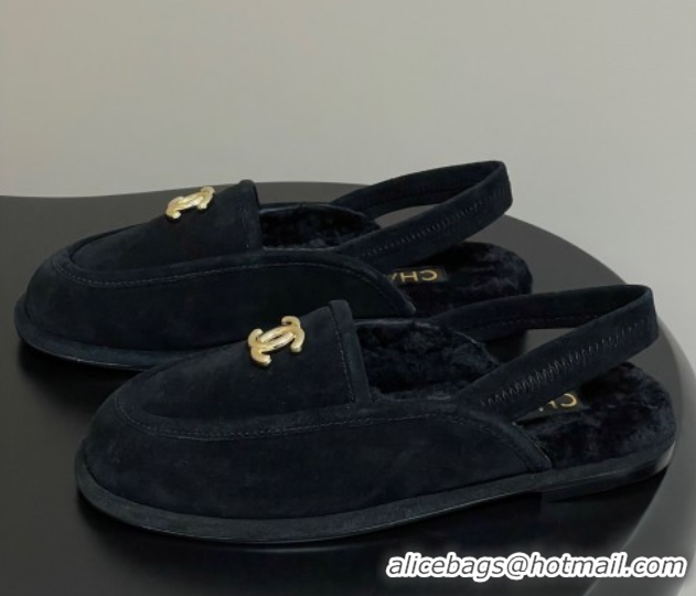 Popular Style Chanel Suede & Shearling Lining Slingback Flat Loafers Black 2025 CH090107 0901082