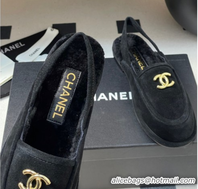 Popular Style Chanel Suede & Shearling Lining Slingback Flat Loafers Black 2025 CH090107 0901082