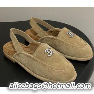 Best Price Chanel Suede & Shearling Lining Slingback Flat Loafers Beige 2025 CH090107 50901083