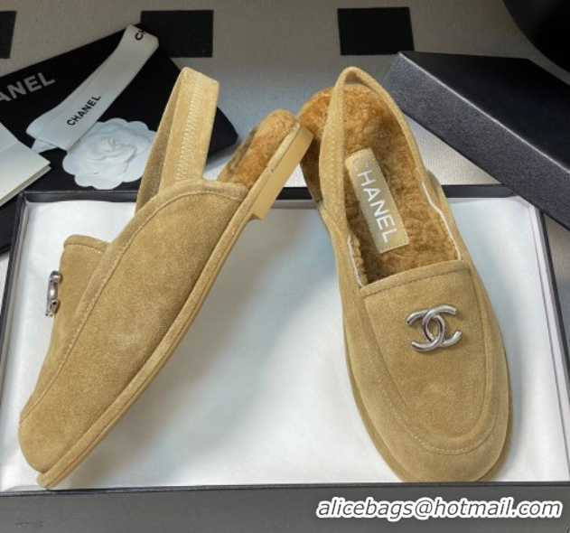 Best Price Chanel Suede & Shearling Lining Slingback Flat Loafers Beige 2025 CH090107 50901083