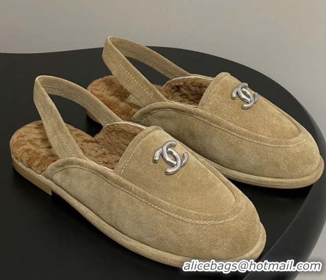 Best Price Chanel Suede & Shearling Lining Slingback Flat Loafers Beige 2025 CH090107 50901083