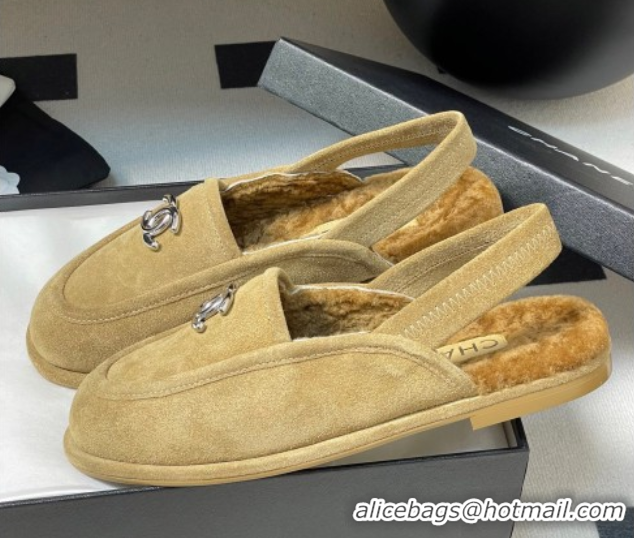 Best Price Chanel Suede & Shearling Lining Slingback Flat Loafers Beige 2025 CH090107 50901083