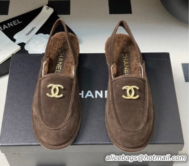 Top Grade Chanel Suede & Shearling Lining Slingback Flat Loafers Brown 2025 CH090107 0901084