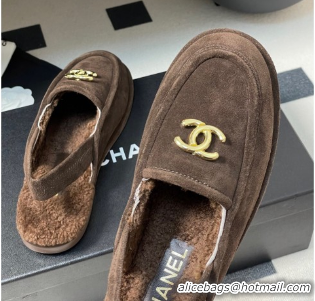 Top Grade Chanel Suede & Shearling Lining Slingback Flat Loafers Brown 2025 CH090107 0901084