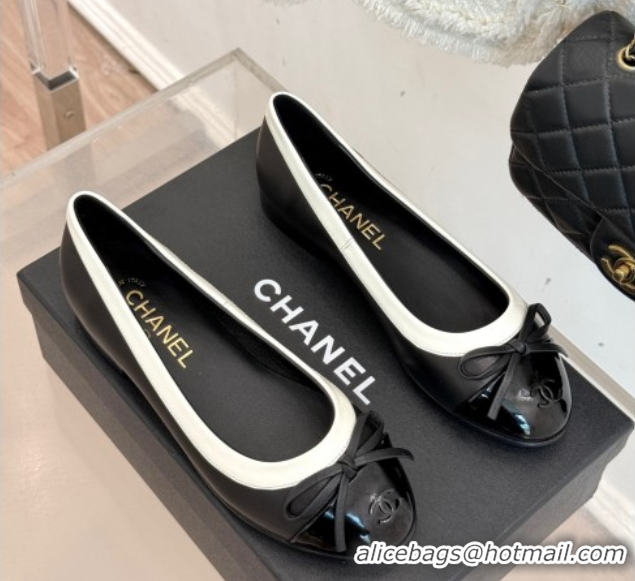 Luxurious Chanel Calfskin & Patent Leather Ballet Flat with Bow Black 2025 CH090108