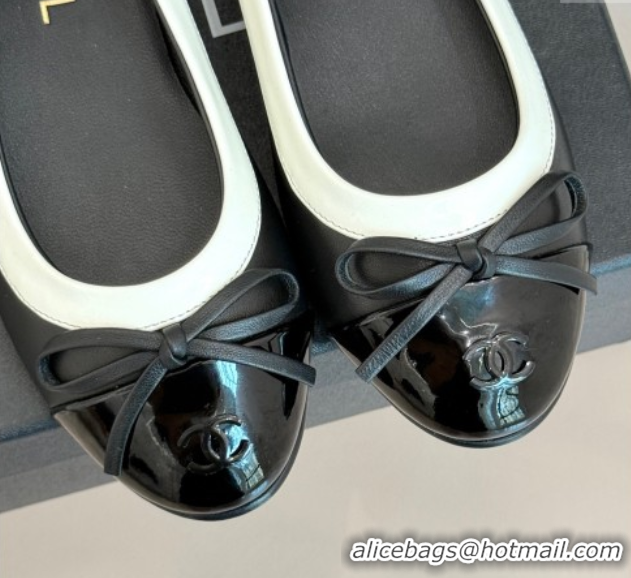 Luxurious Chanel Calfskin & Patent Leather Ballet Flat with Bow Black 2025 CH090108
