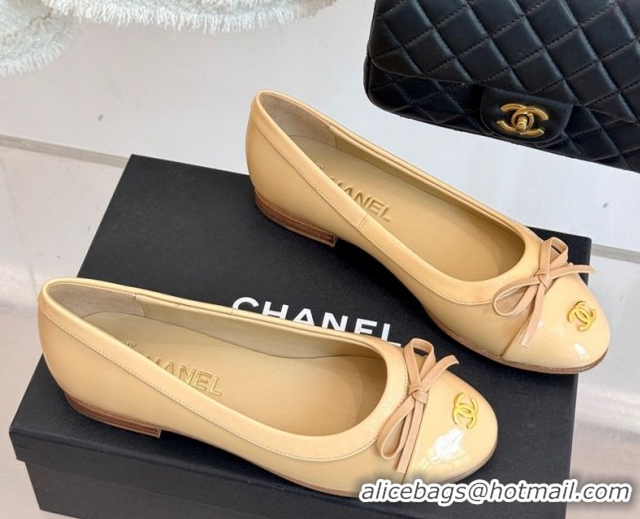 Good Looking Chanel Calfskin & Patent Leather Ballet Flat with Bow Beige 2025 CH090108