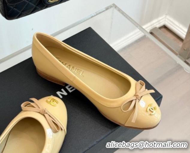Good Looking Chanel Calfskin & Patent Leather Ballet Flat with Bow Beige 2025 CH090108