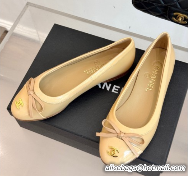Good Looking Chanel Calfskin & Patent Leather Ballet Flat with Bow Beige 2025 CH090108