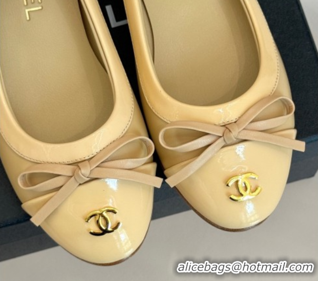 Good Looking Chanel Calfskin & Patent Leather Ballet Flat with Bow Beige 2025 CH090108