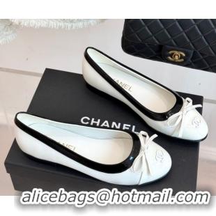 Classic Hot Chanel Calfskin & Patent Leather Ballet Flat with Bow White 2025 CH090108