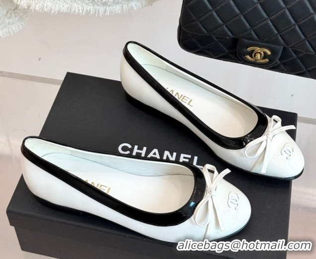 Classic Hot Chanel Calfskin & Patent Leather Ballet Flat with Bow White 2025 CH090108