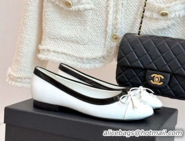 Classic Hot Chanel Calfskin & Patent Leather Ballet Flat with Bow White 2025 CH090108