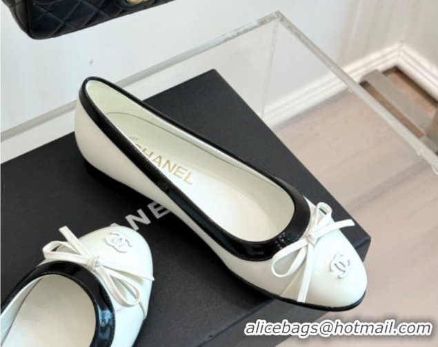 Classic Hot Chanel Calfskin & Patent Leather Ballet Flat with Bow White 2025 CH090108