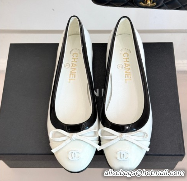 Classic Hot Chanel Calfskin & Patent Leather Ballet Flat with Bow White 2025 CH090108