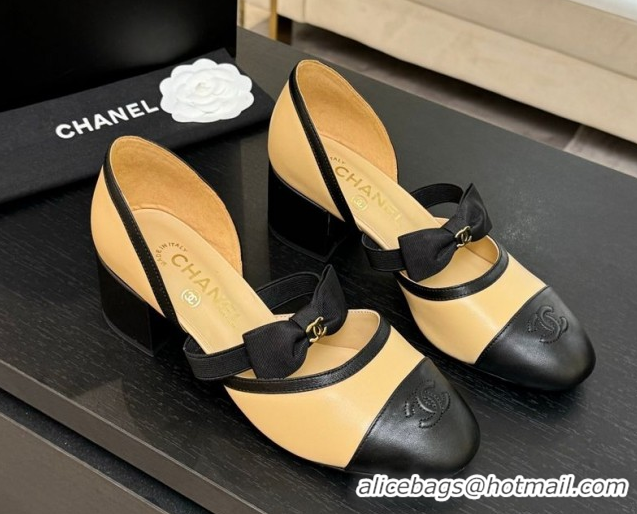 Good Quality Chanel Calfskin Leather Mary Janes Pumps with Bow Beige/Black 2025 G46701