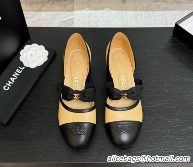 Good Quality Chanel Calfskin Leather Mary Janes Pumps with Bow Beige/Black 2025 G46701