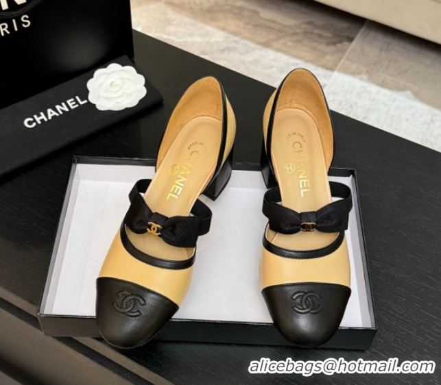 Good Quality Chanel Calfskin Leather Mary Janes Pumps with Bow Beige/Black 2025 G46701