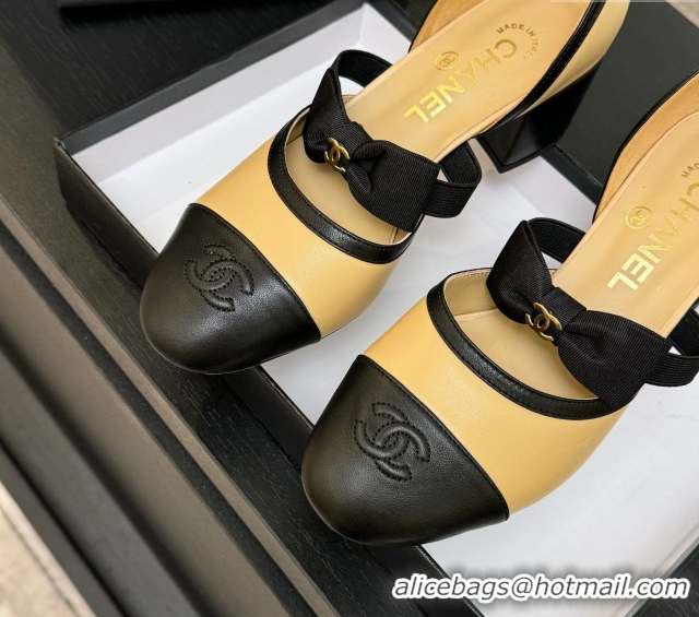 Good Quality Chanel Calfskin Leather Mary Janes Pumps with Bow Beige/Black 2025 G46701