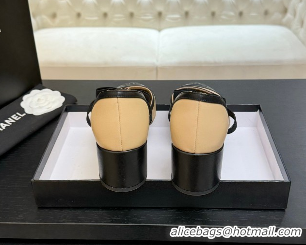 Good Quality Chanel Calfskin Leather Mary Janes Pumps with Bow Beige/Black 2025 G46701