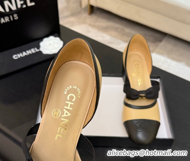 Good Quality Chanel Calfskin Leather Mary Janes Pumps with Bow Beige/Black 2025 G46701