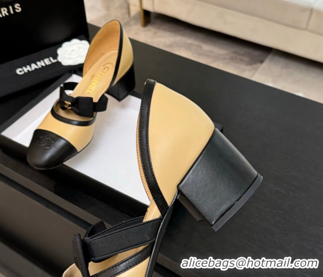 Good Quality Chanel Calfskin Leather Mary Janes Pumps with Bow Beige/Black 2025 G46701