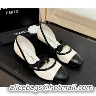 Best Grade Chanel Calfskin Leather Mary Janes Pumps with Bow White/Black 2025 G46701