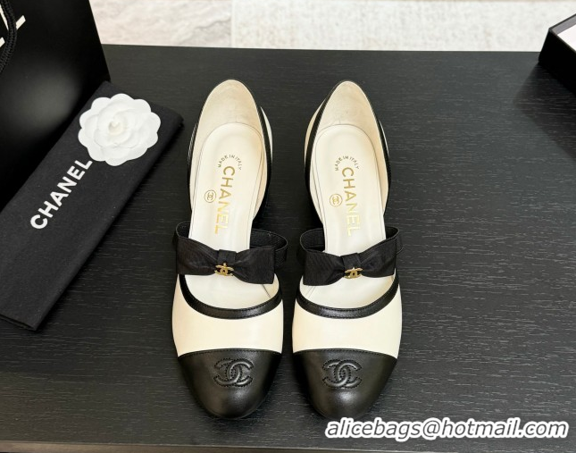 Best Grade Chanel Calfskin Leather Mary Janes Pumps with Bow White/Black 2025 G46701