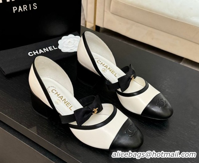 Best Grade Chanel Calfskin Leather Mary Janes Pumps with Bow White/Black 2025 G46701