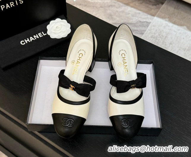 Best Grade Chanel Calfskin Leather Mary Janes Pumps with Bow White/Black 2025 G46701