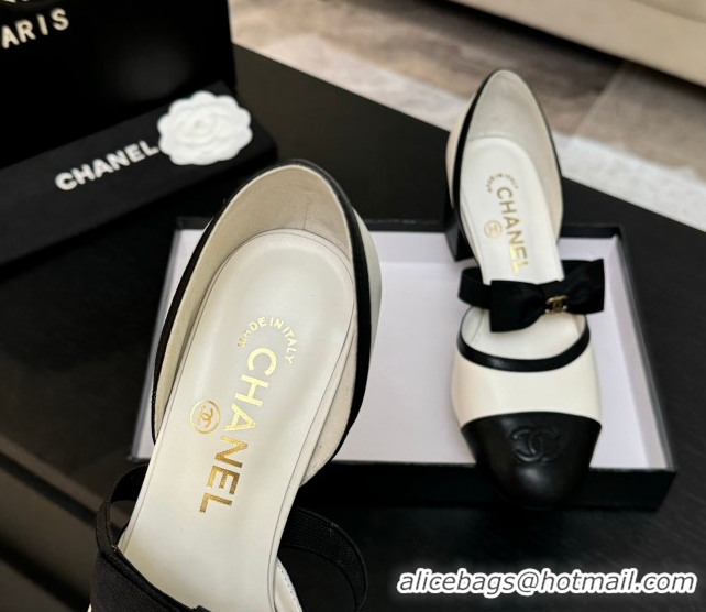 Best Grade Chanel Calfskin Leather Mary Janes Pumps with Bow White/Black 2025 G46701