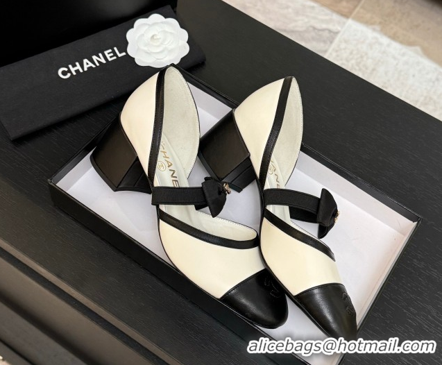 Best Grade Chanel Calfskin Leather Mary Janes Pumps with Bow White/Black 2025 G46701