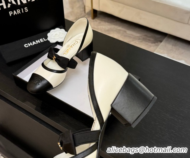 Best Grade Chanel Calfskin Leather Mary Janes Pumps with Bow White/Black 2025 G46701