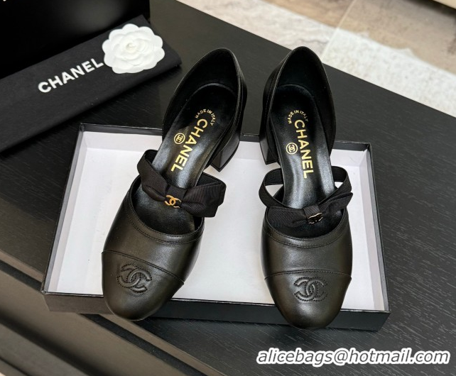 Grade Quality Chanel Calfskin Leather Mary Janes Pumps with Bow Black2 2025 G46701