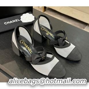 Top Design Chanel Mesh & Grosgrain Mary Janes Pumps with Bow White/Black 2025 G46701