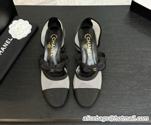 Top Design Chanel Mesh & Grosgrain Mary Janes Pumps with Bow White/Black 2025 G46701