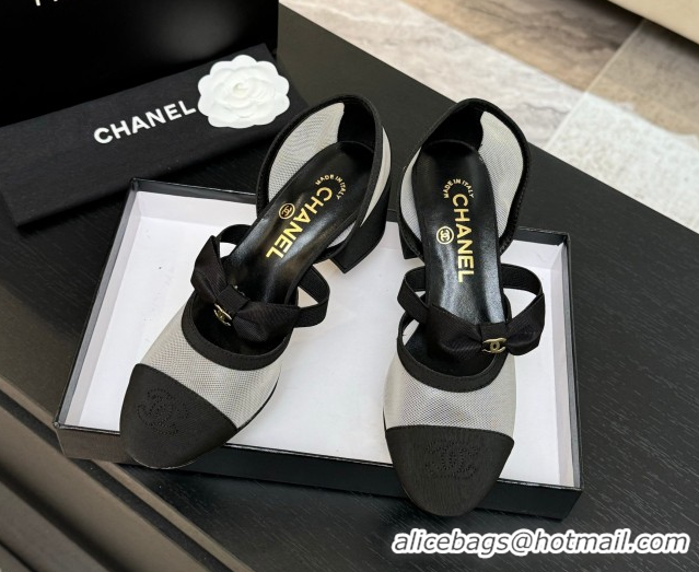 Top Design Chanel Mesh & Grosgrain Mary Janes Pumps with Bow White/Black 2025 G46701