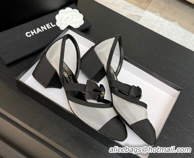 Top Design Chanel Mesh & Grosgrain Mary Janes Pumps with Bow White/Black 2025 G46701