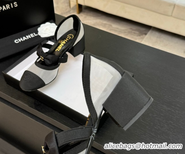 Top Design Chanel Mesh & Grosgrain Mary Janes Pumps with Bow White/Black 2025 G46701
