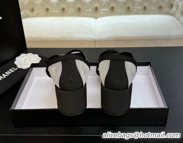 Top Design Chanel Mesh & Grosgrain Mary Janes Pumps with Bow White/Black 2025 G46701