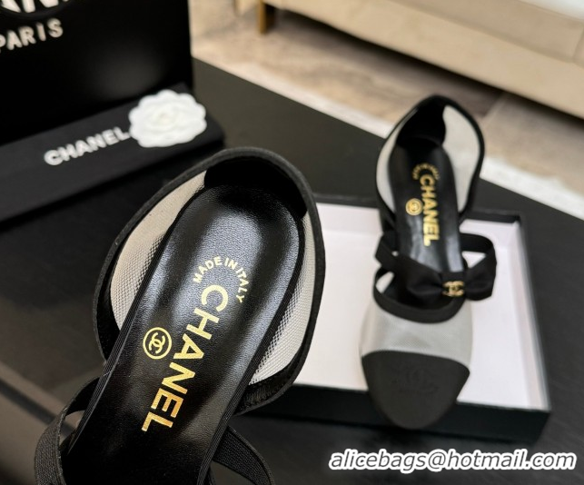 Top Design Chanel Mesh & Grosgrain Mary Janes Pumps with Bow White/Black 2025 G46701
