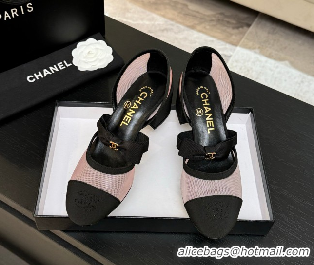 Good Product Chanel Mesh & Grosgrain Mary Janes Pumps with Bow Pink/Black 2025 G46701