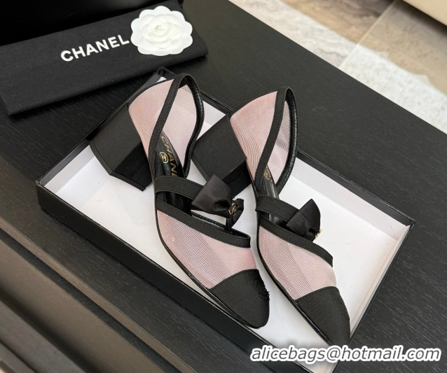 Good Product Chanel Mesh & Grosgrain Mary Janes Pumps with Bow Pink/Black 2025 G46701