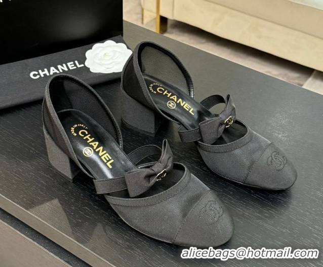 Classic Chanel Mesh & Grosgrain Mary Janes Pumps with Bow Black2 2025 G46701