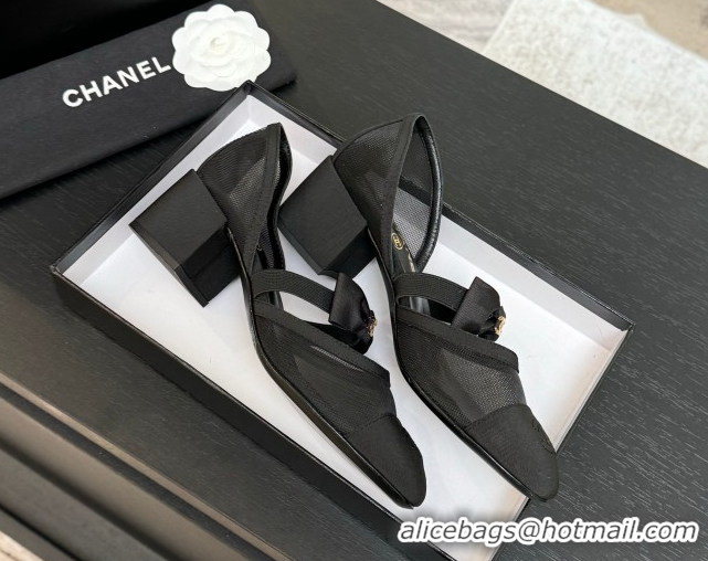 Classic Chanel Mesh & Grosgrain Mary Janes Pumps with Bow Black2 2025 G46701