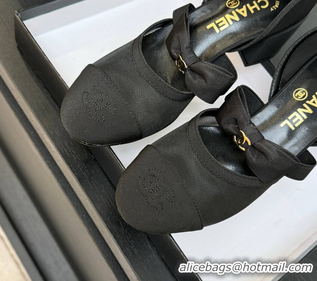 Classic Chanel Mesh & Grosgrain Mary Janes Pumps with Bow Black2 2025 G46701