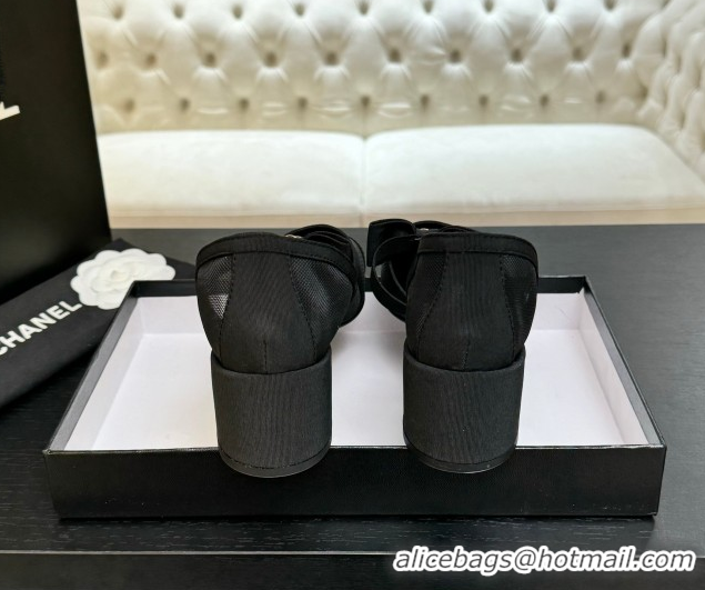 Classic Chanel Mesh & Grosgrain Mary Janes Pumps with Bow Black2 2025 G46701
