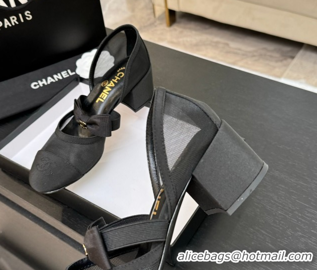 Classic Chanel Mesh & Grosgrain Mary Janes Pumps with Bow Black2 2025 G46701